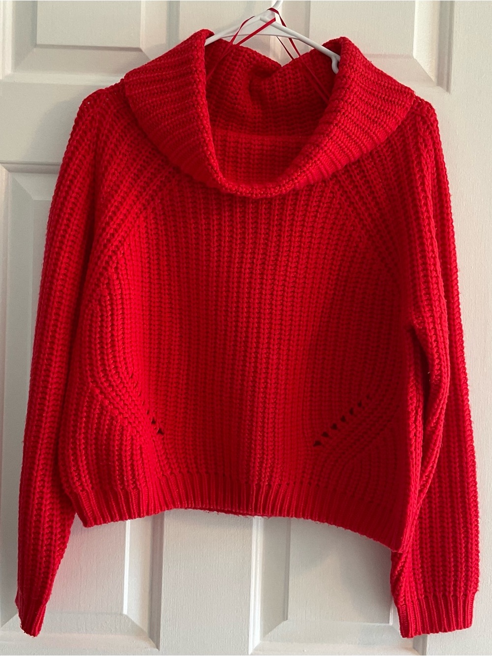 Moon & Madison Red Chunky Knit Cropped Sweater with Cowl Neck and Raglan Sleeves